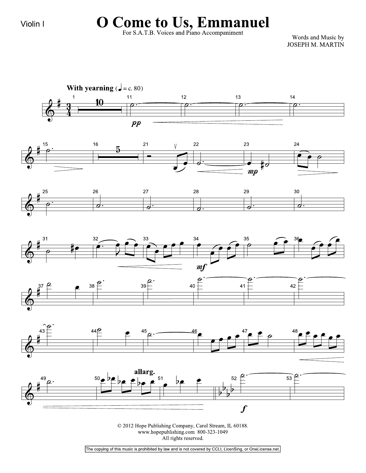 O Come To Us, Emmanuel - Violin 1 (Choir Instrumental Pak) von Joseph M. Martin