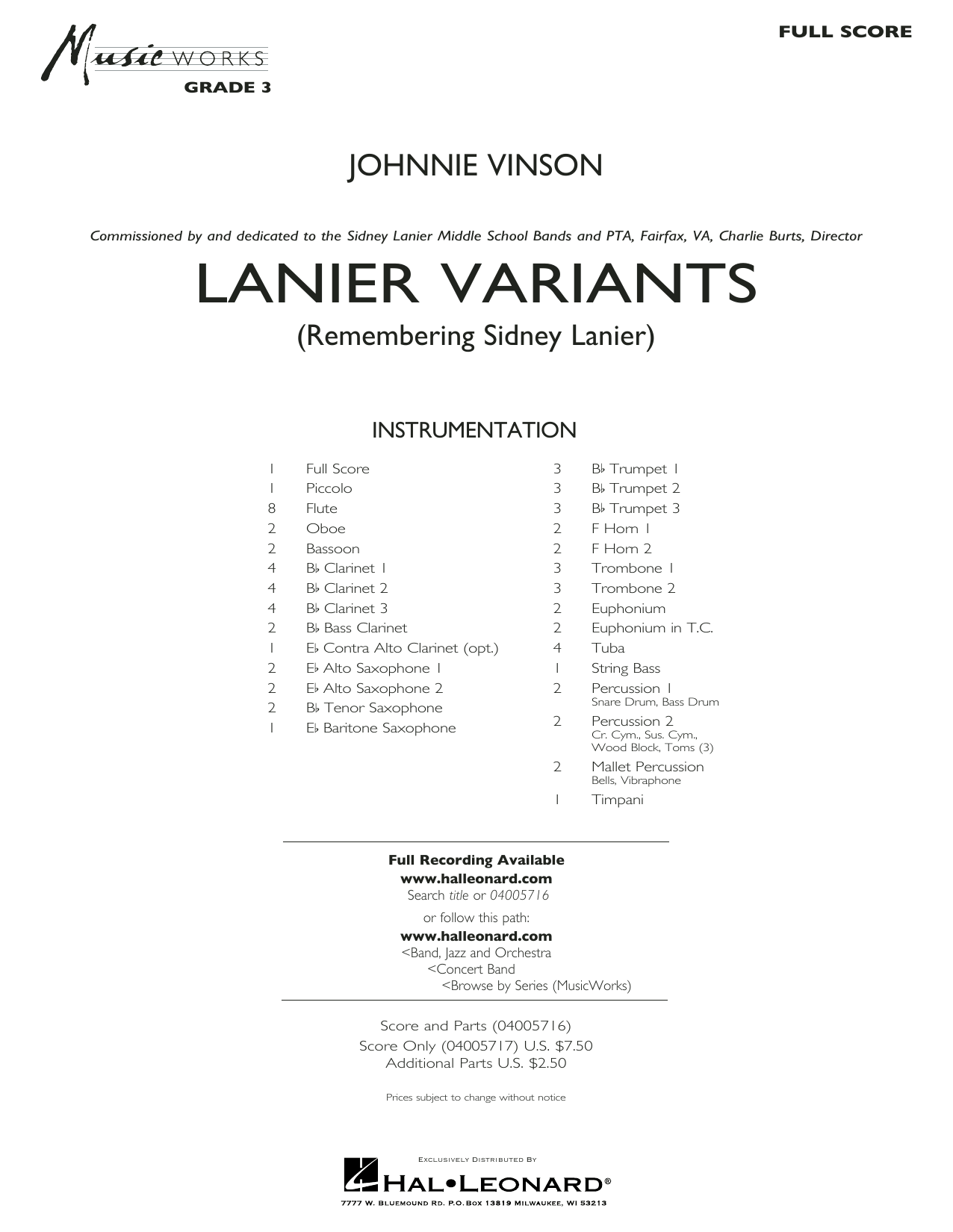 Lanier Variants - Conductor Score (Full Score) (Concert Band) von Johnnie Vinson