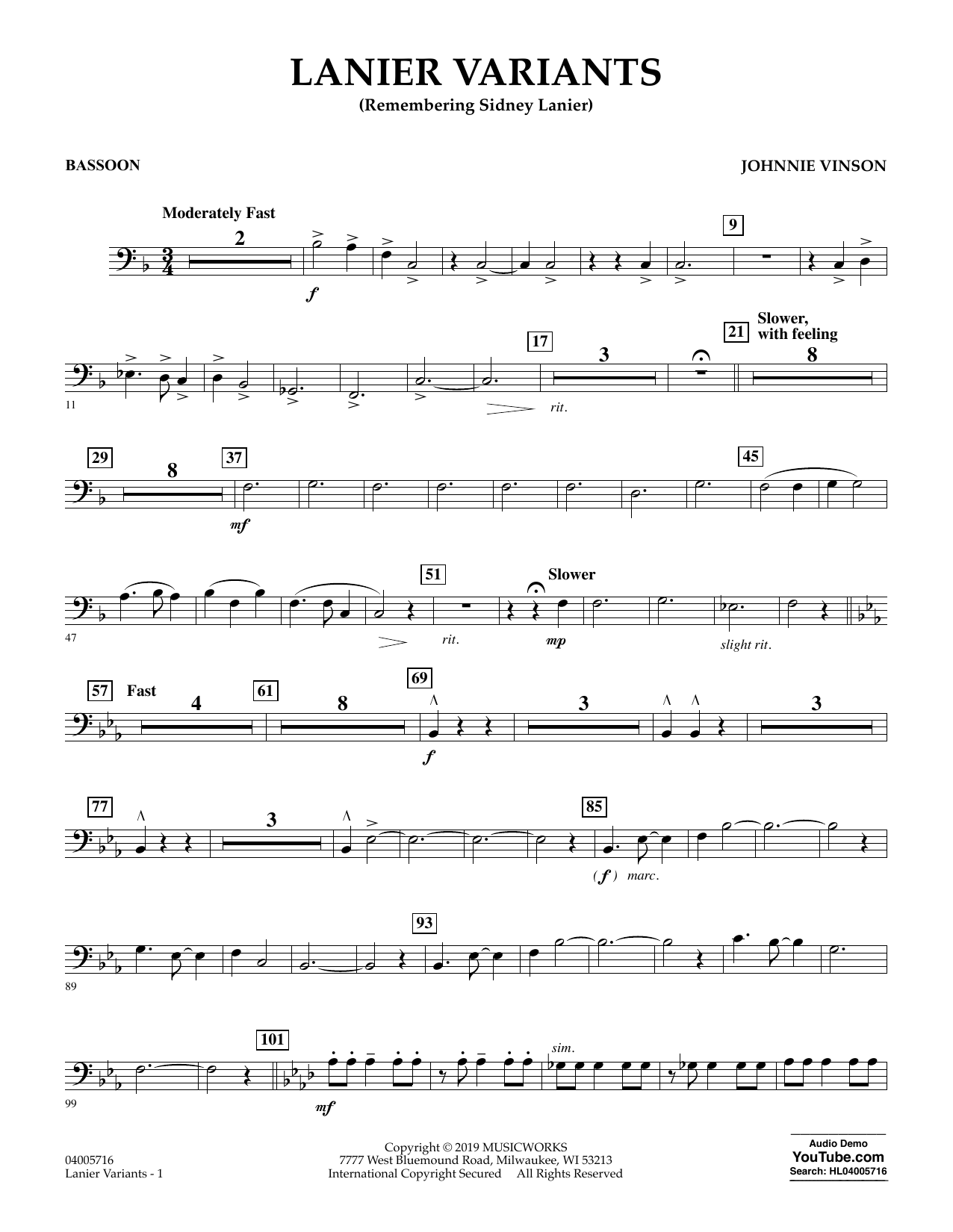 Lanier Variants - Bassoon (Concert Band) von Johnnie Vinson