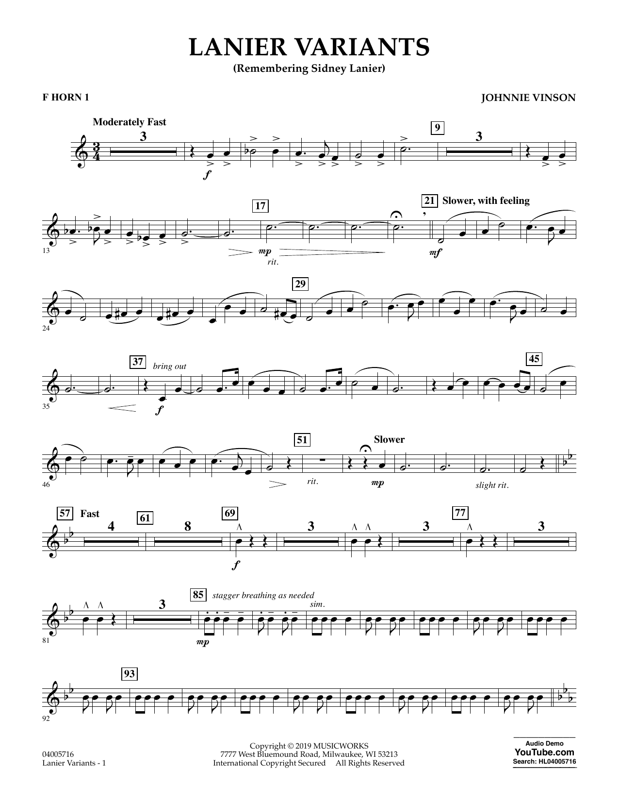 Lanier Variants - F Horn 1 (Concert Band) von Johnnie Vinson