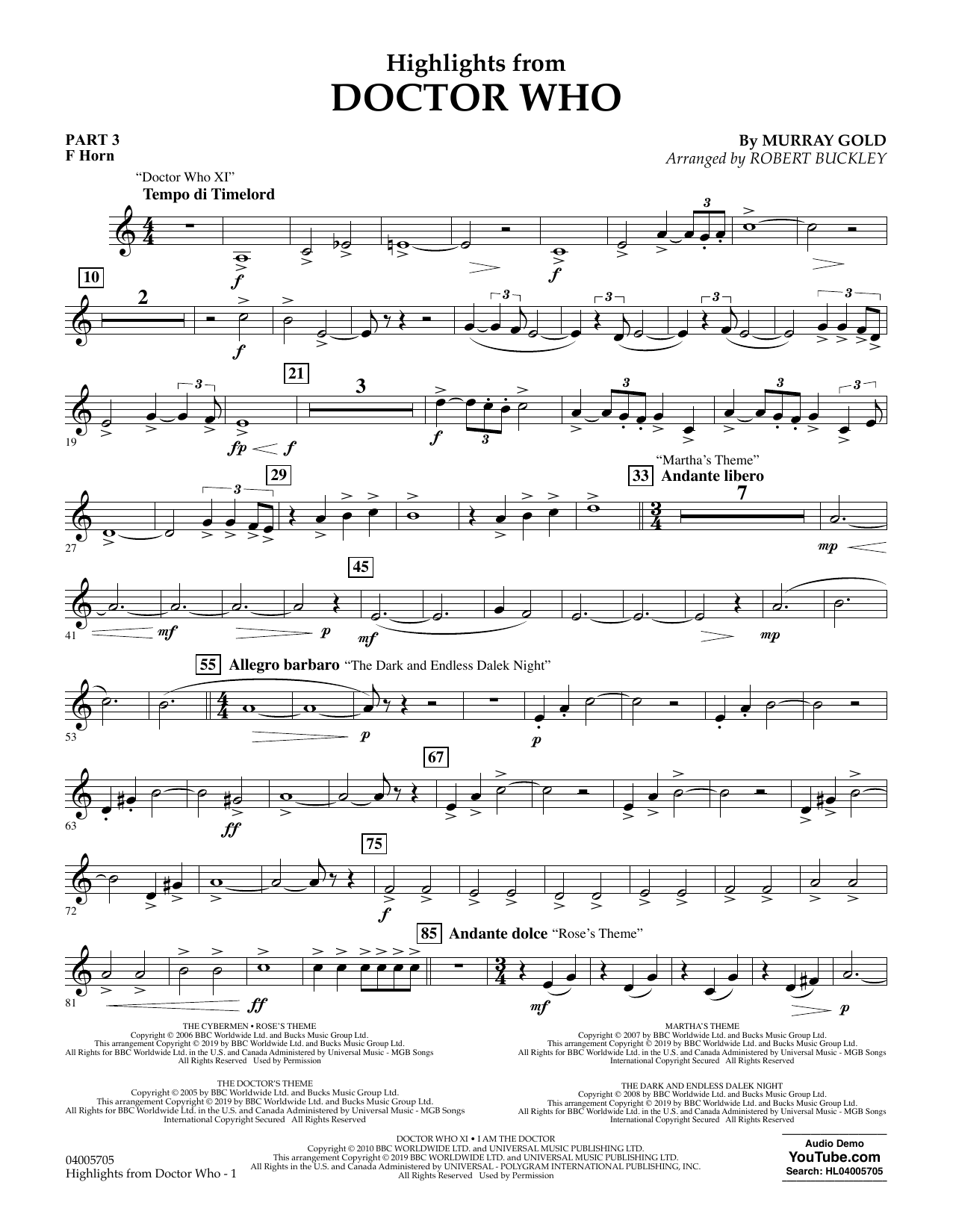 Highlights from Doctor Who (arr. Robert Buckley) - Pt.3 - F Horn (Concert Band: Flex-Band) von Murray Gold