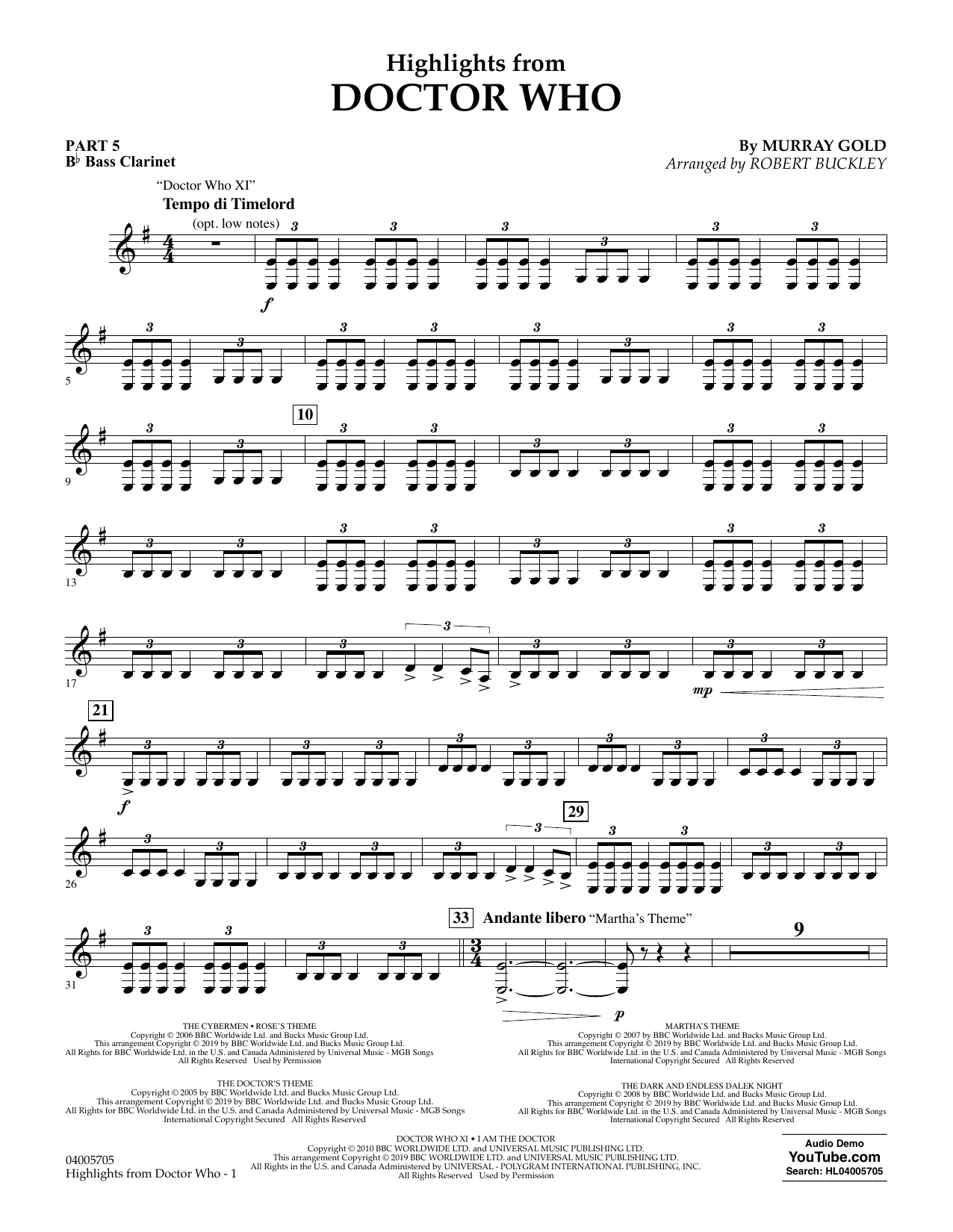 Highlights from Doctor Who (arr. Robert Buckley) - Pt.5 - Bb Bass Clarinet (Concert Band: Flex-Band) von Murray Gold