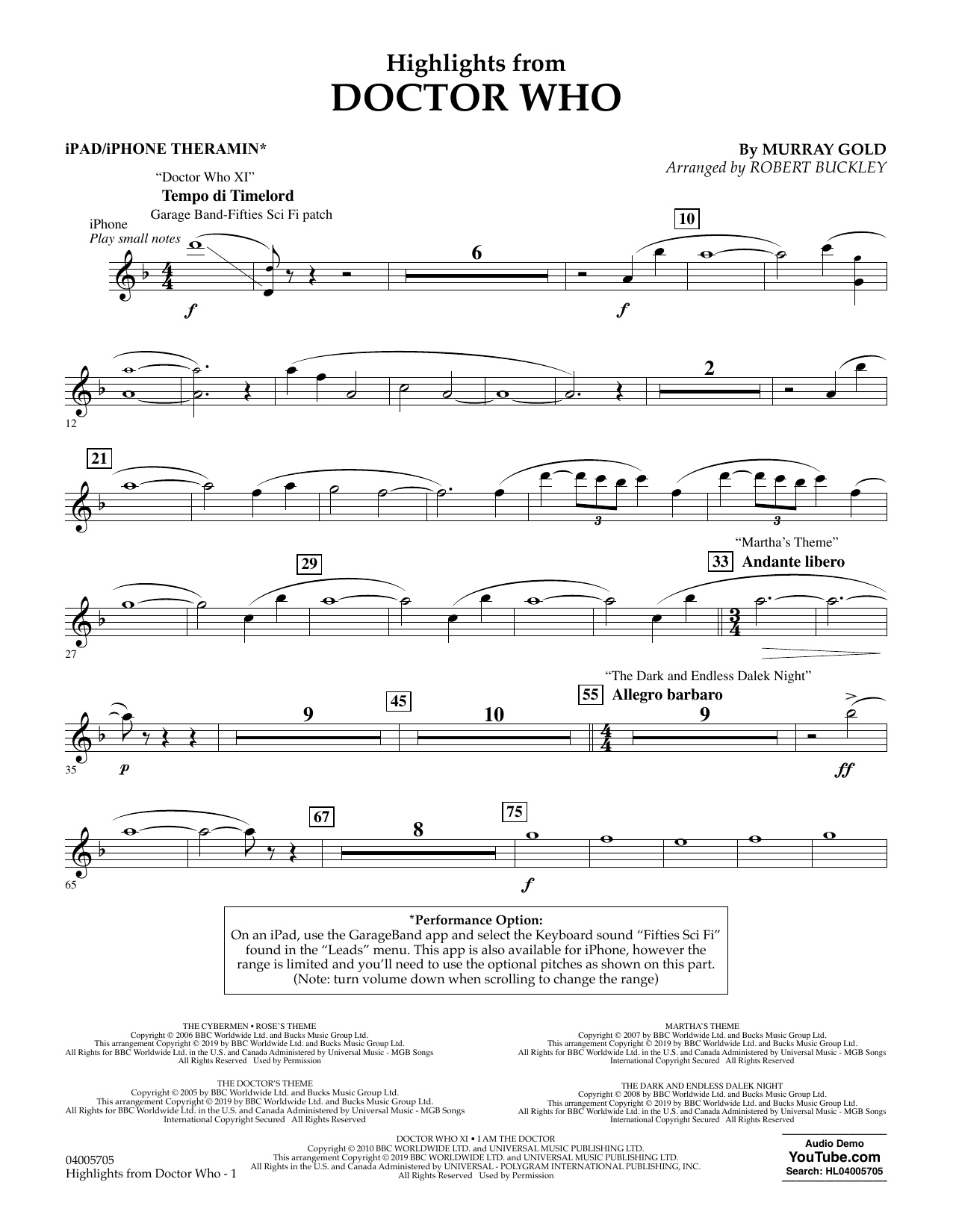 Highlights from Doctor Who (arr. Robert Buckley) - iPad/iPhone Theramin (Concert Band: Flex-Band) von Murray Gold