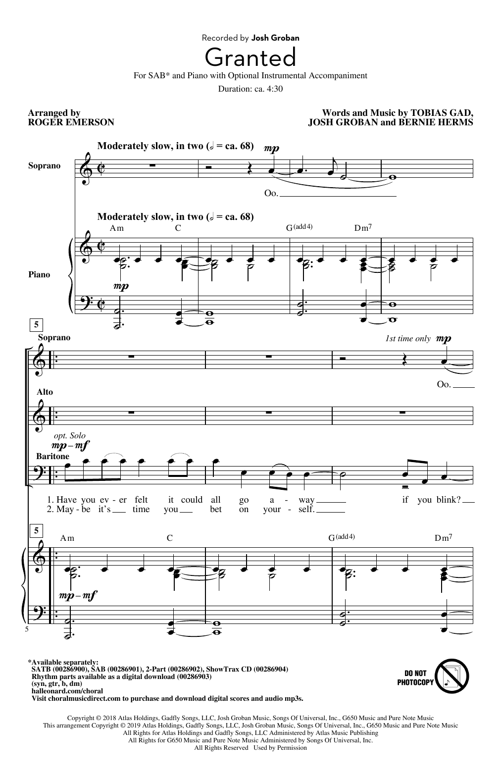 Granted (arr. Roger Emerson) (SAB Choir) von Josh Groban