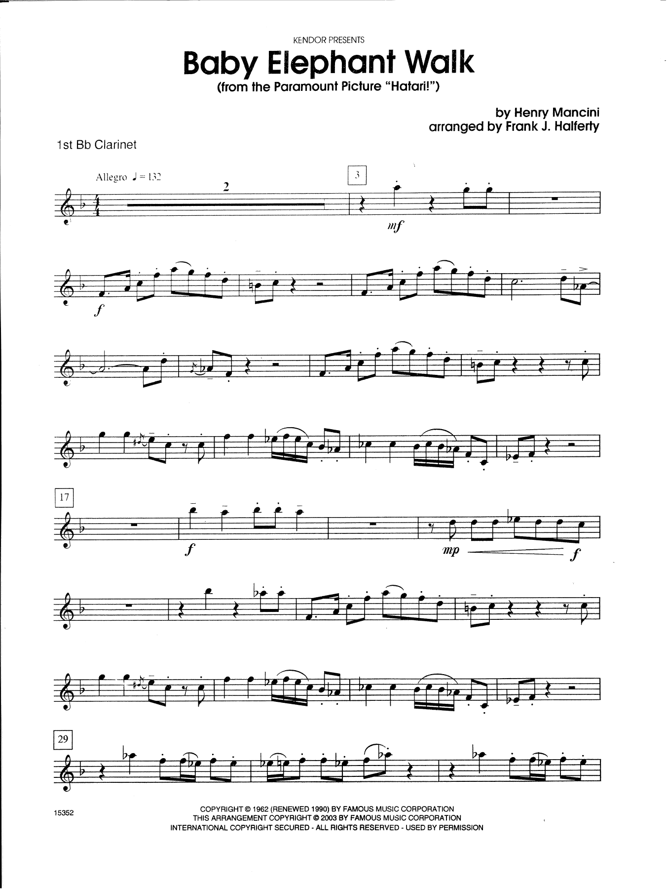 Baby Elephant Walk (from Hatari!) - Bb Clarinet 1 (Woodwind Ensemble) von Frank J. Halferty