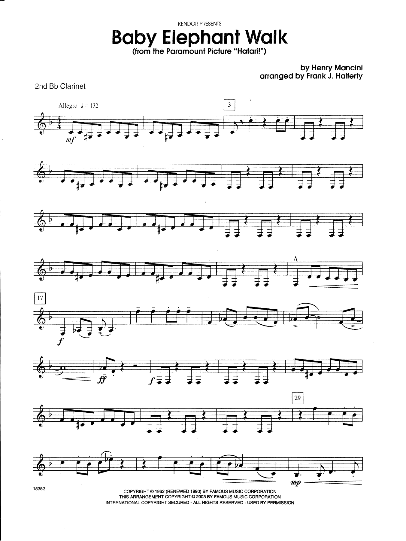 Baby Elephant Walk (from Hatari!) - Bb Clarinet 2 (Woodwind Ensemble) von Frank J. Halferty