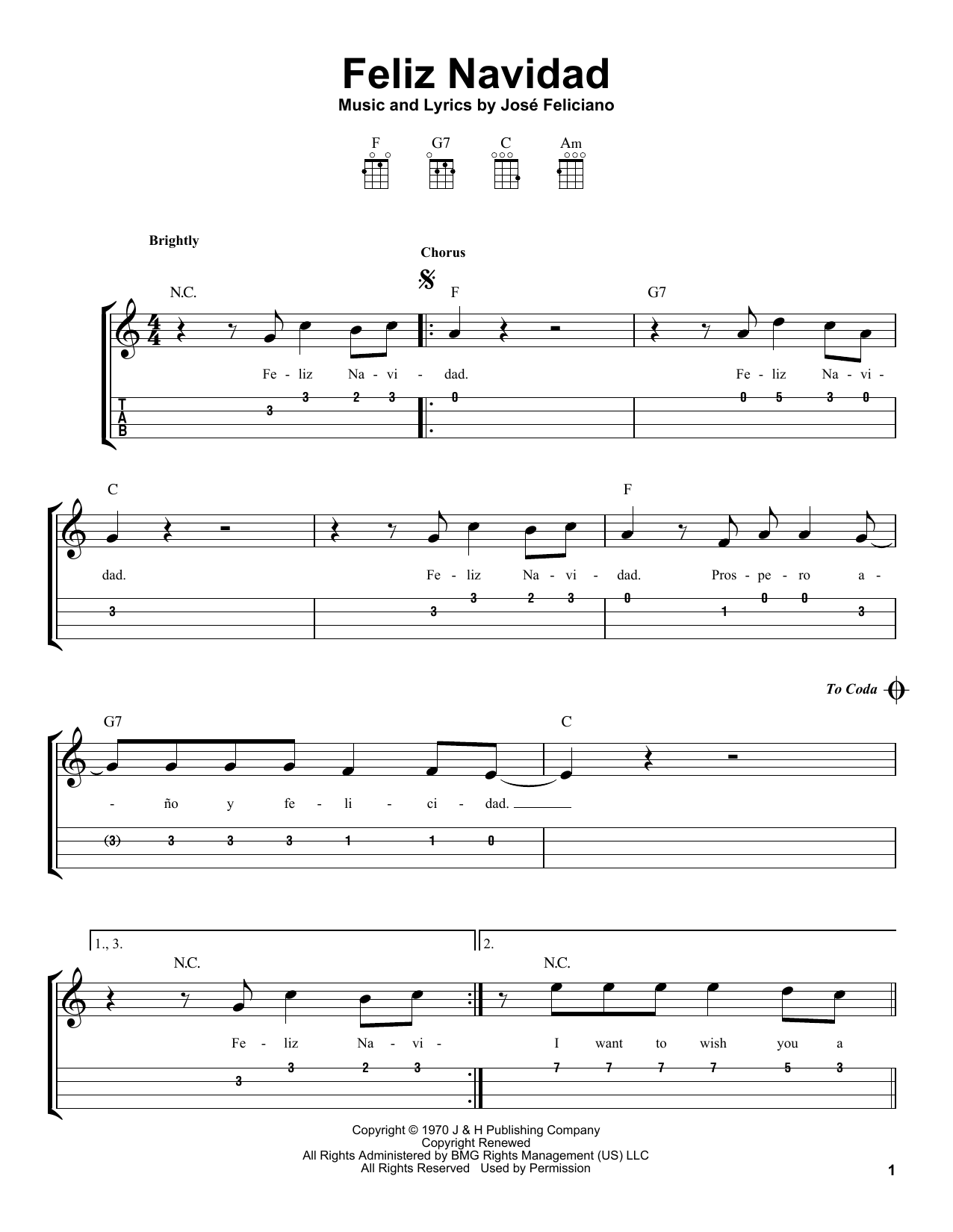 Feliz Navidad (Easy Ukulele Tab) von Jose Feliciano