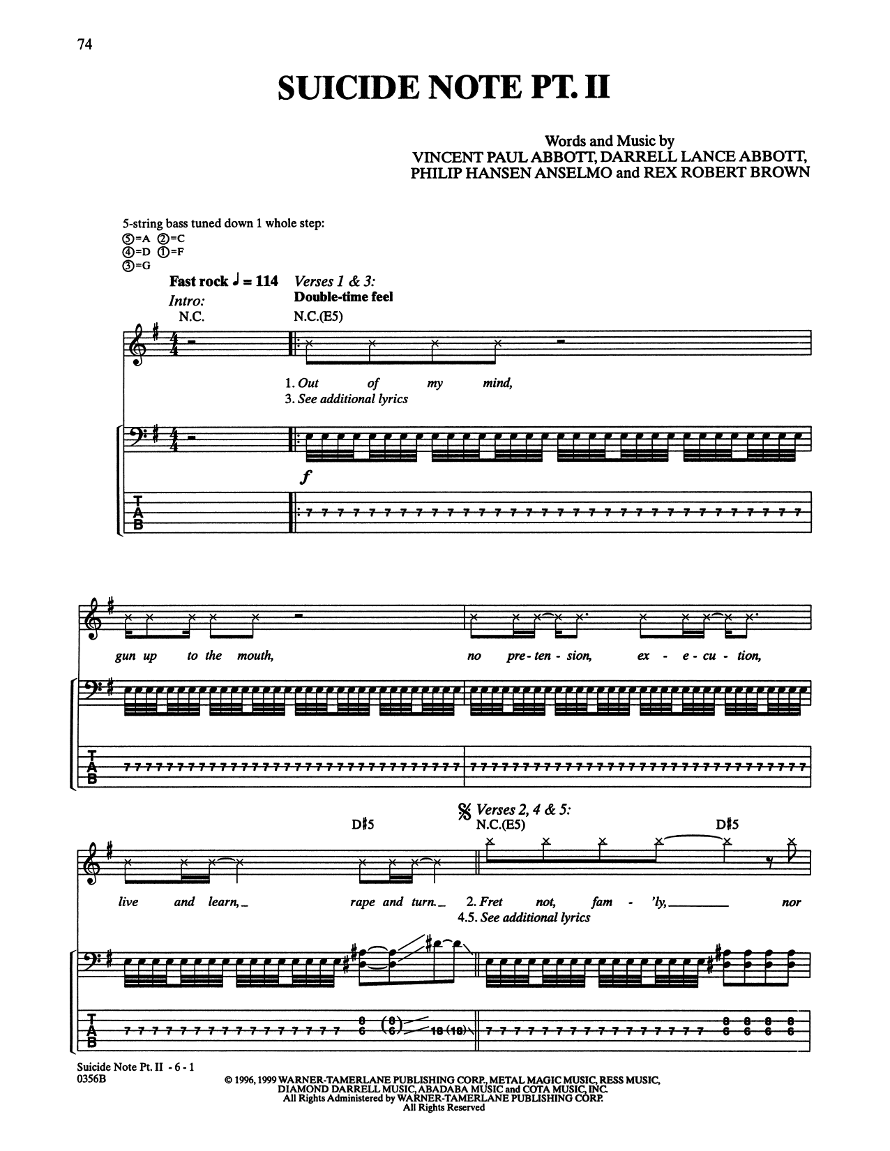 Suicide Note Pt. II (Bass Guitar Tab) von Pantera