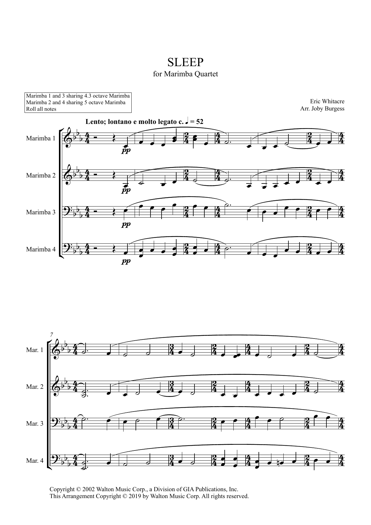 Sleep for Marimba Quartet (arr. Joby Burgess) - Full Score (Percussion Ensemble) von Eric Whitacre