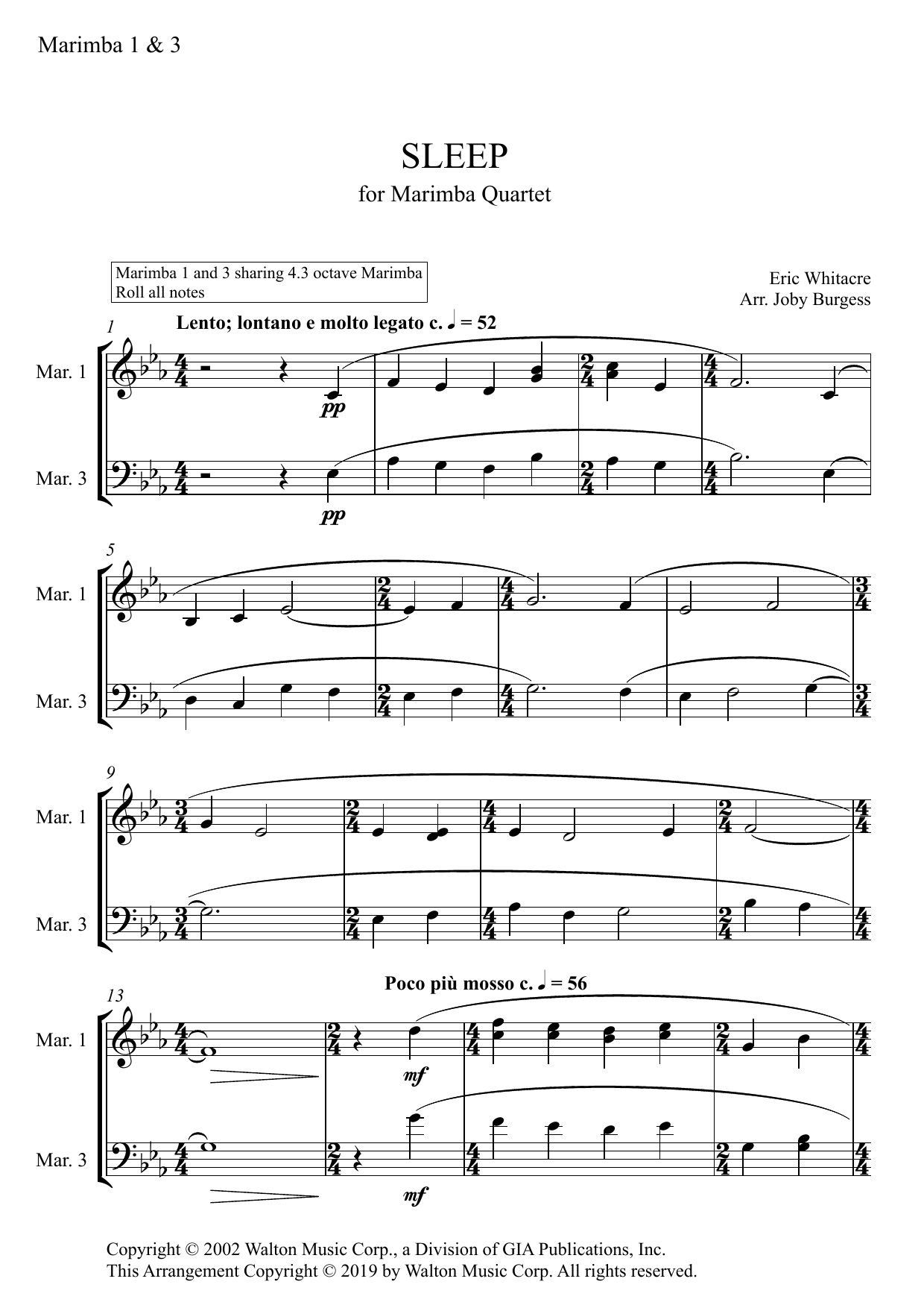 Sleep for Marimba Quartet (arr. Joby Burgess) - MARIMBA 1 & 3 (Percussion Ensemble) von Eric Whitacre