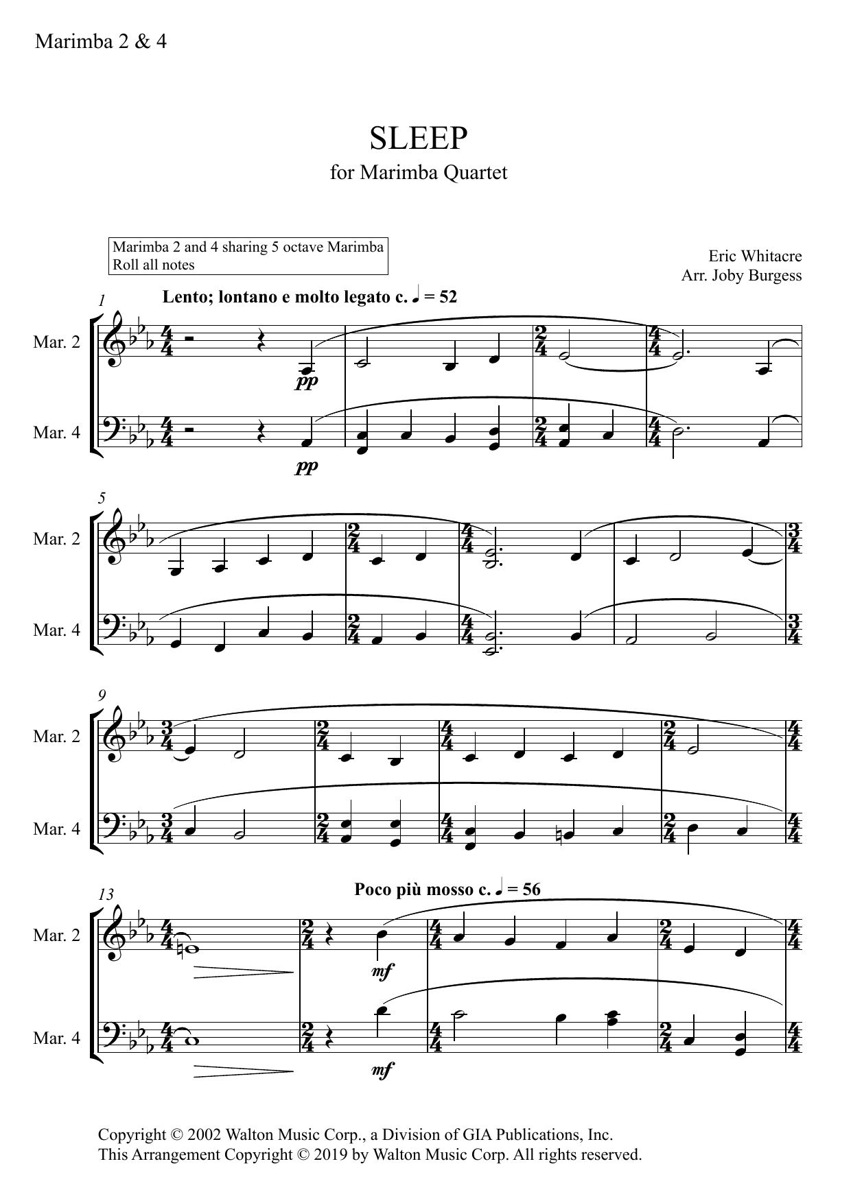 Sleep for Marimba Quartet (arr. Joby Burgess) - MARIMBA 2 & 4 (Percussion Ensemble) von Eric Whitacre