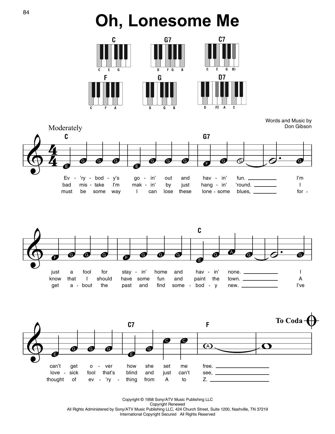 Oh, Lonesome Me (Super Easy Piano) von Don Gibson