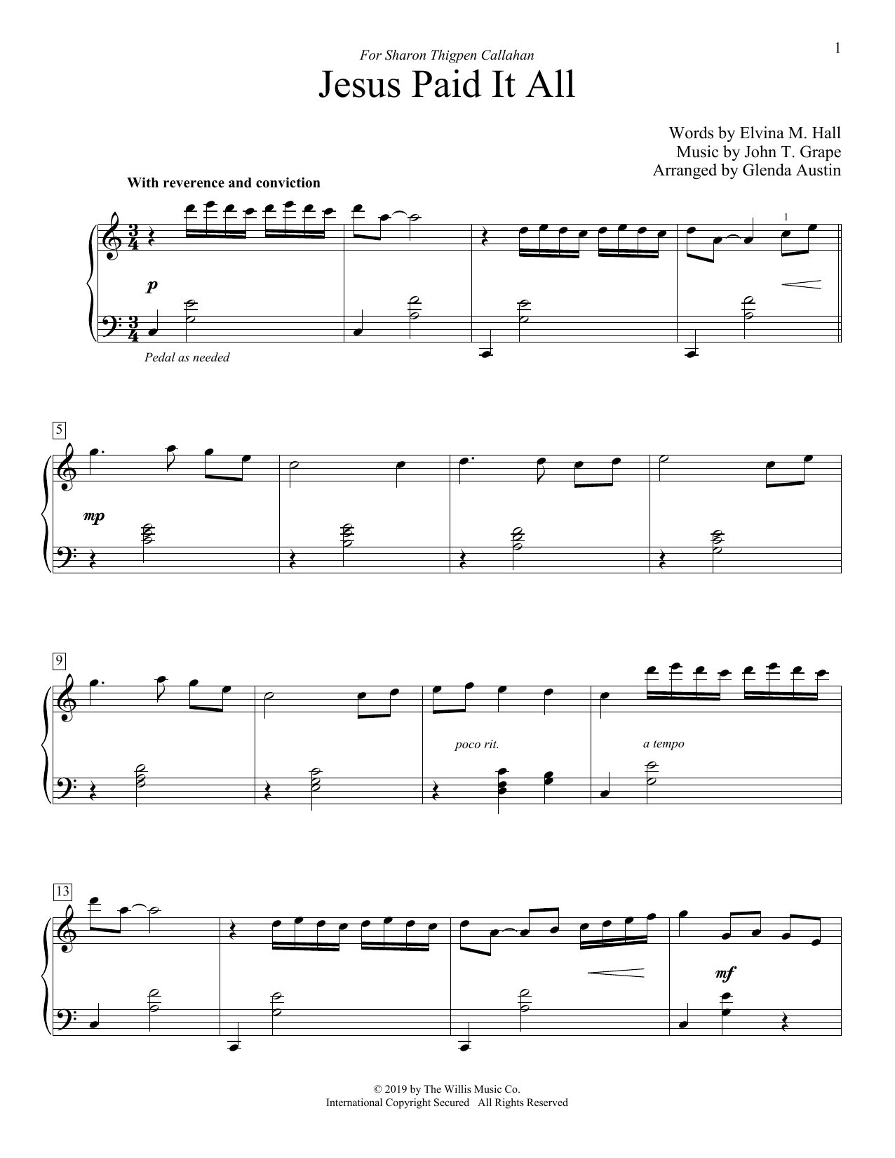 Jesus Paid It All (arr. Glenda Austin) (Educational Piano) von John T. Grape