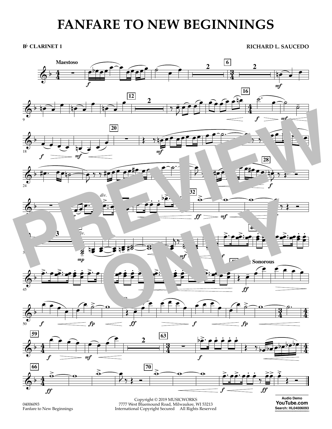 Fanfare for New Beginnings - Bb Clarinet 1 (Concert Band) von Richard L. Saucedo