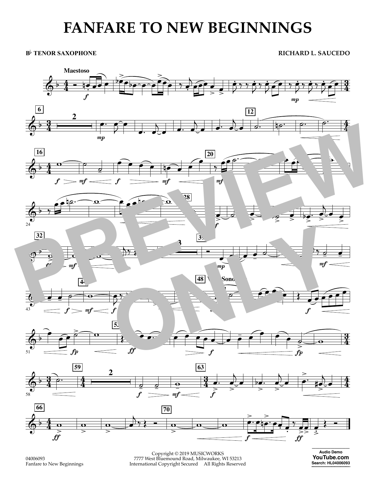 Fanfare for New Beginnings - Bb Tenor Saxophone (Concert Band) von Richard L. Saucedo