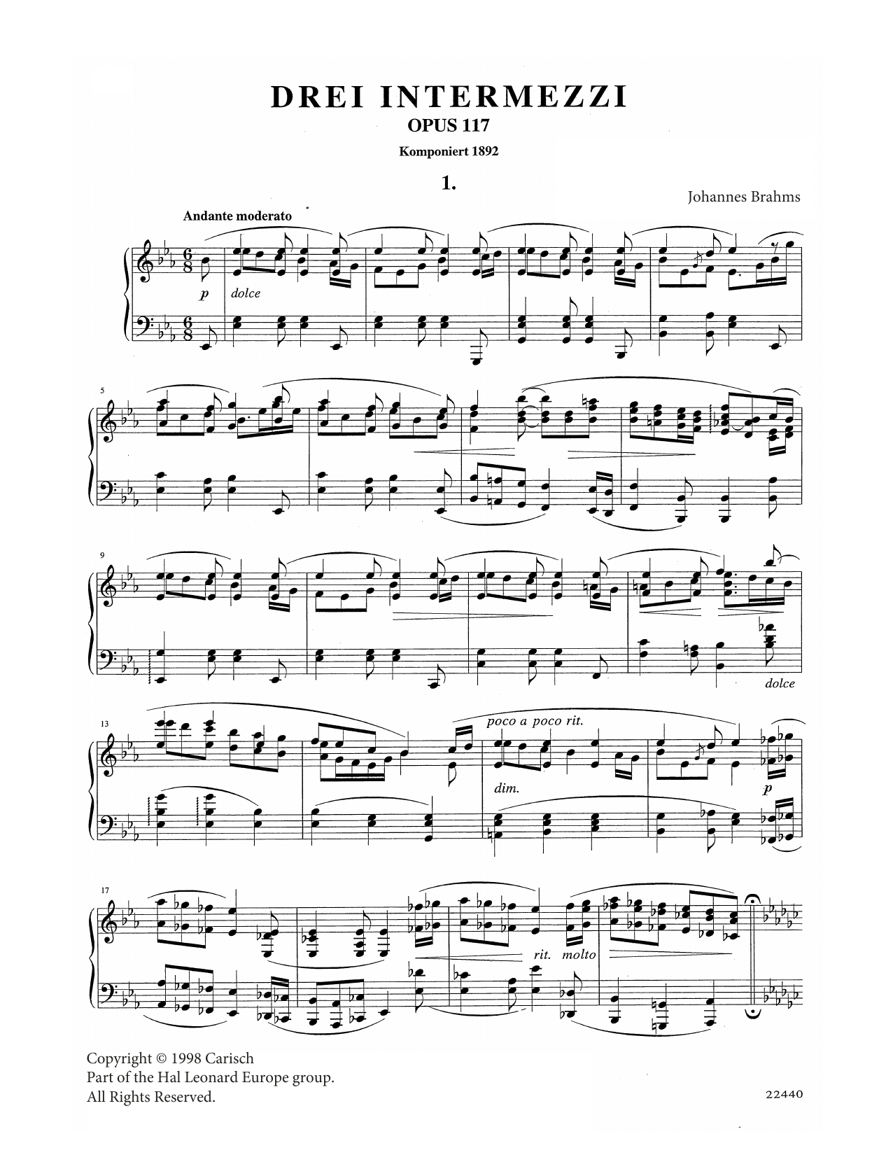 Intermezzo in E Flat Major Op. 117 No. 1 (Piano Solo) von Johannes Brahms