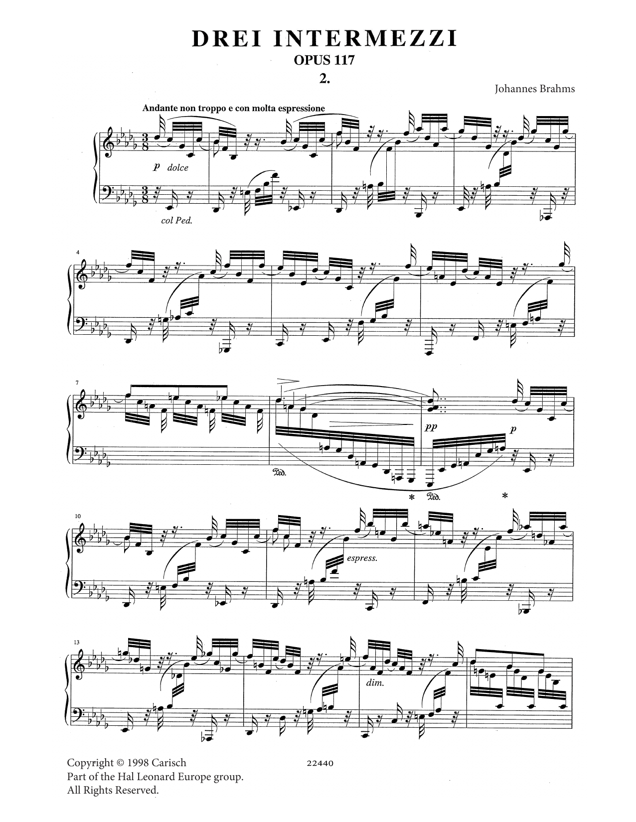 Intermezzo in B Flat Minor Op. 117 No. 2 (Piano Solo) von Johannes Brahms