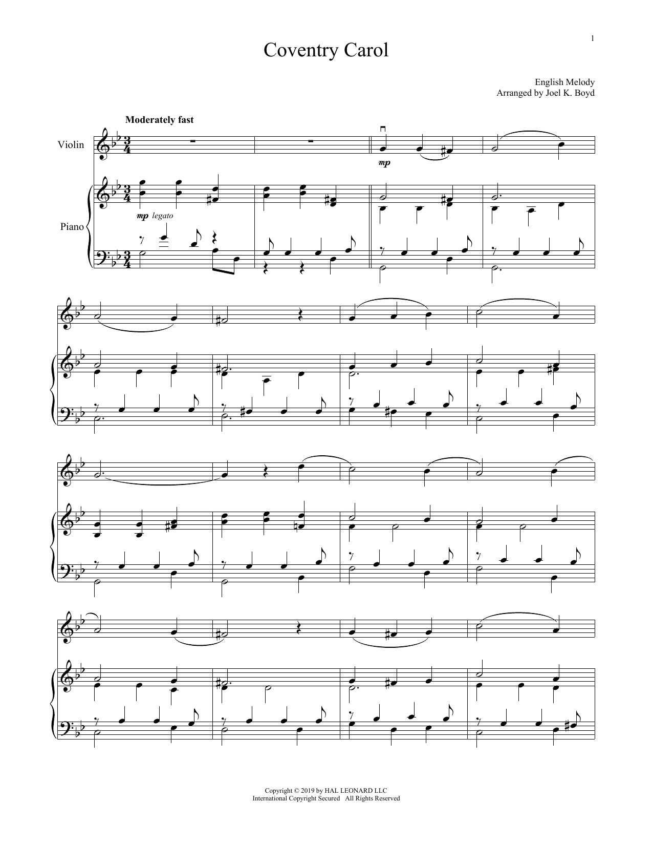 Coventry Carol (Violin and Piano) von Christmas Carol