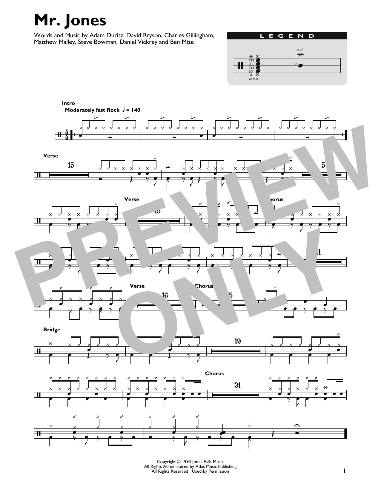 Mr. Jones (Drum Chart) von Counting Crows