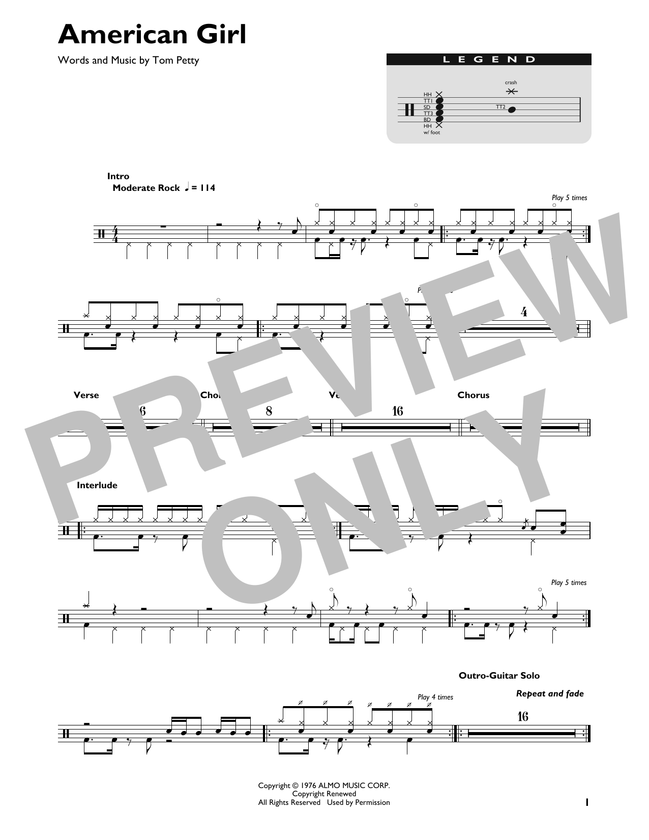 American Girl (Drum Chart) von Tom Petty and the Heartbreakers