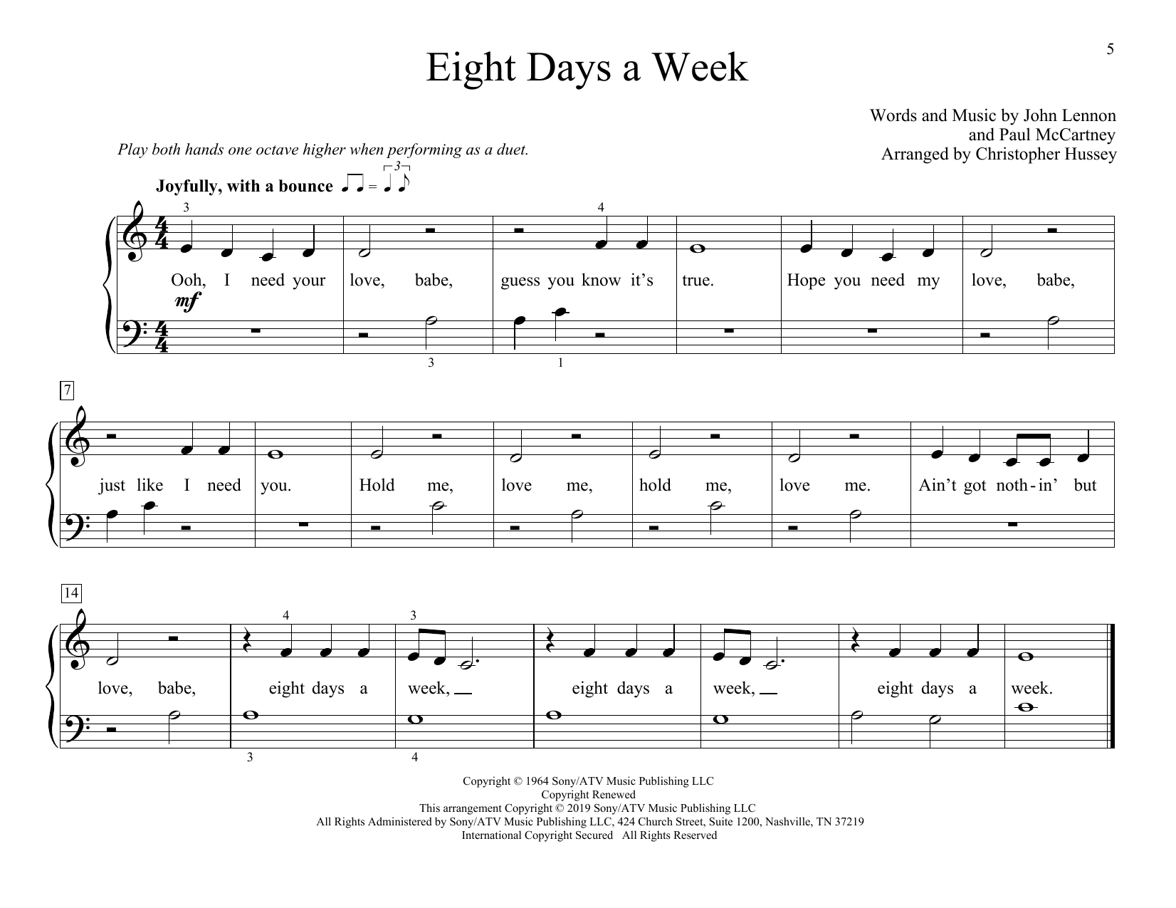 Eight Days A Week (arr. Christopher Hussey) (Piano Duet) von The Beatles