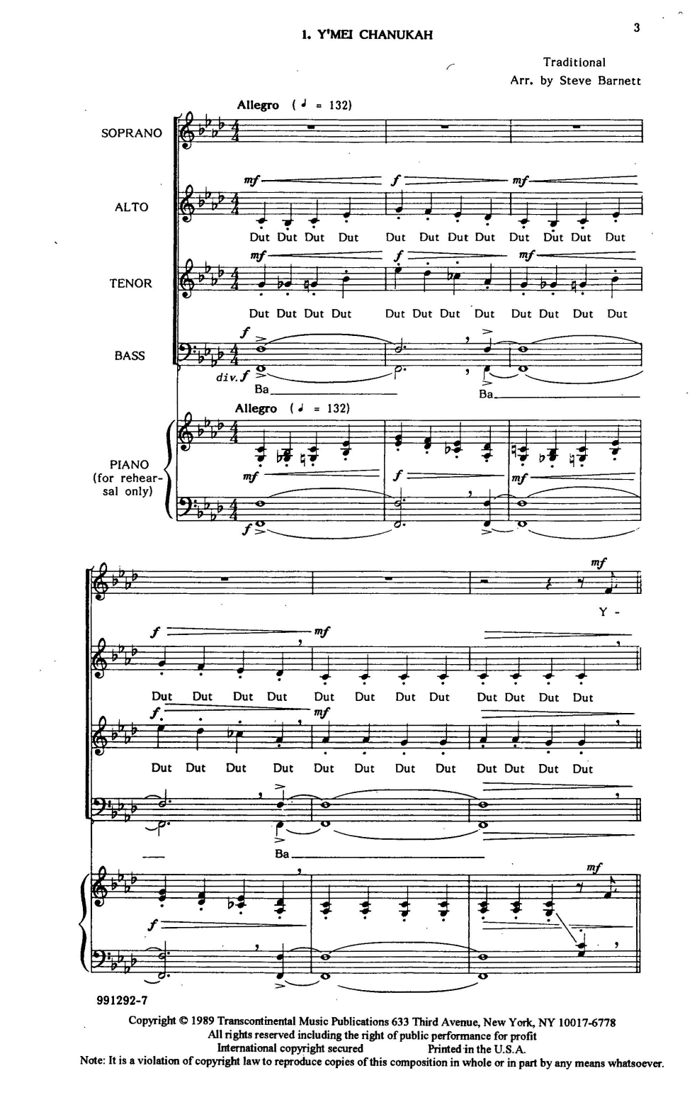 Y'mei Chanukah Rehearsal Piano (SATB Choir) von Steve Barnett