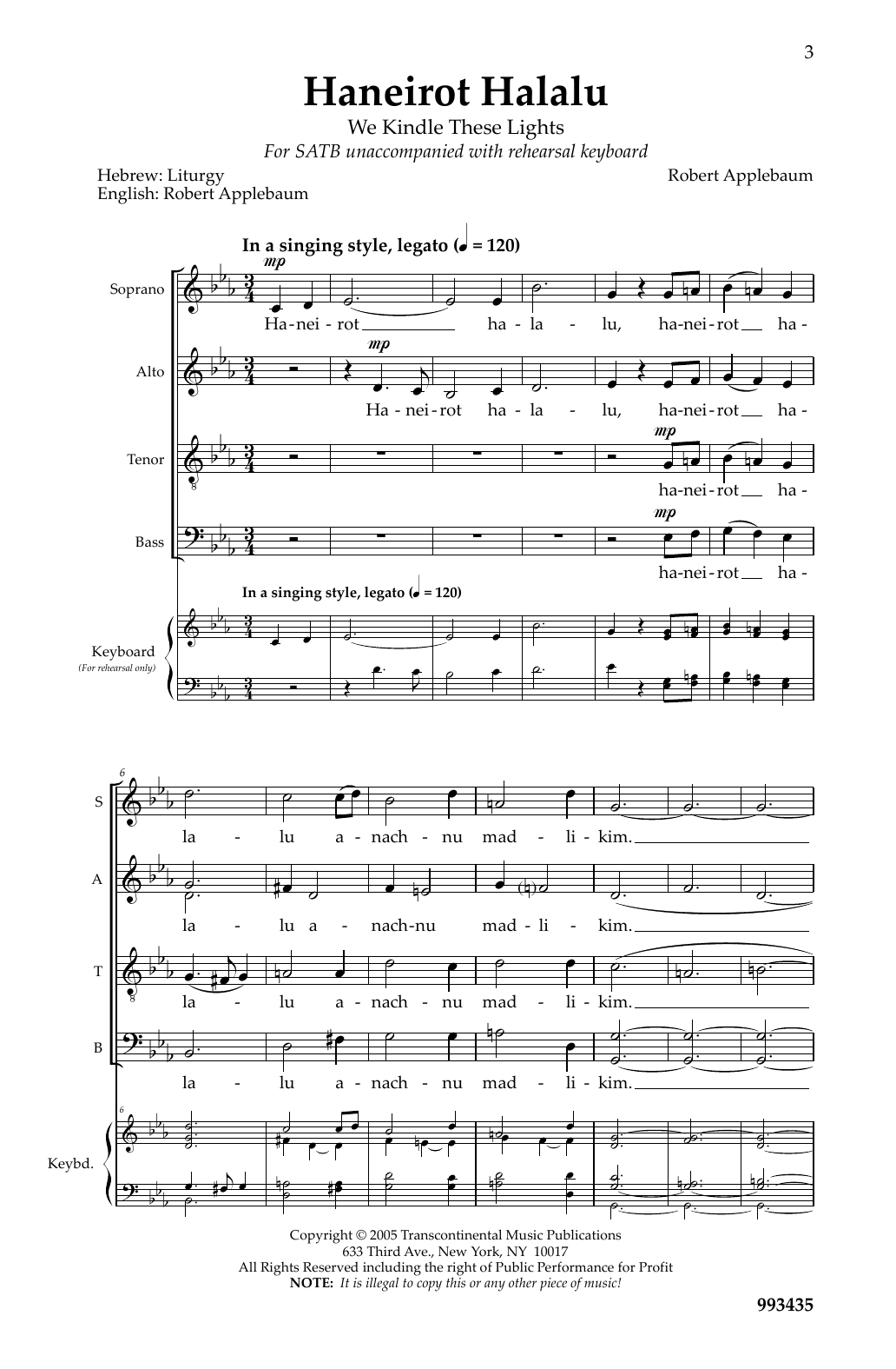 Haneirot Halalu (We Kindle These Lights) (SATB Choir) von Robert Applebaum