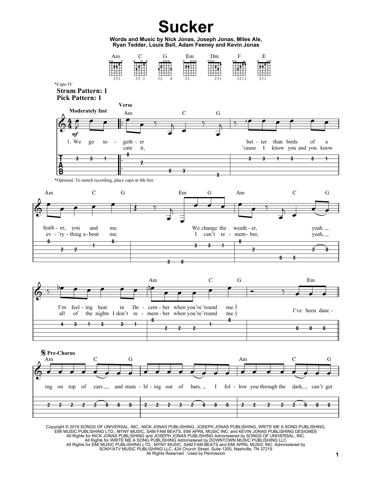 Sucker (Easy Guitar Tab) von Jonas Brothers