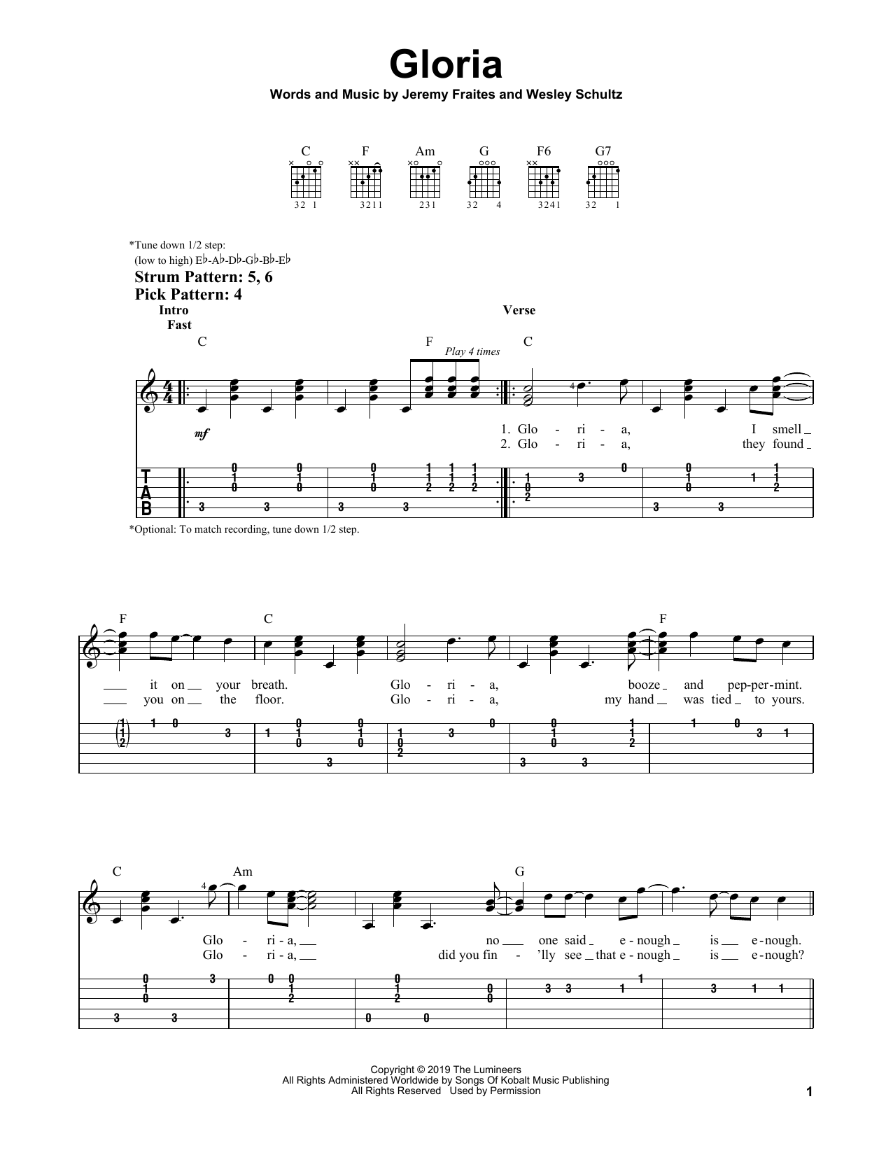 Gloria (Easy Guitar Tab) von The Lumineers