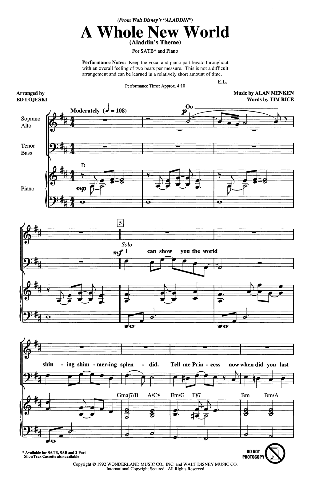 A Whole New World (Aladdin's Theme) (from Aladdin) (arr. Ed Lojeski) (SATB Choir) von Alan Menken & Tim Rice