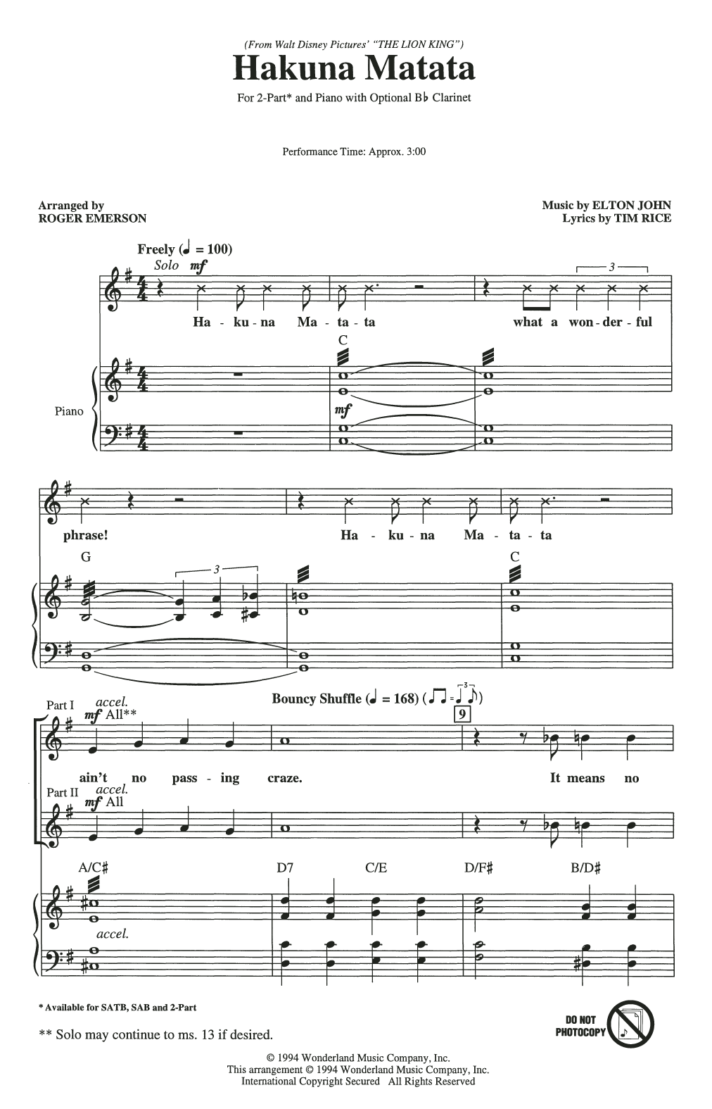 Hakuna Matata (from The Lion King) (arr. Roger Emerson) (2-Part Choir) von Elton John