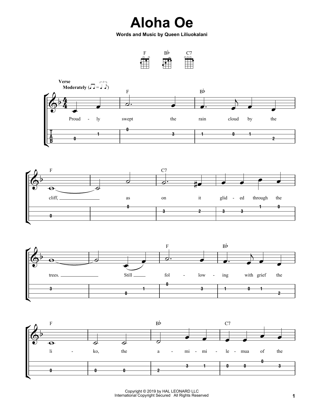 Aloha Oe (Easy Ukulele Tab) von Queen Liliuokalani