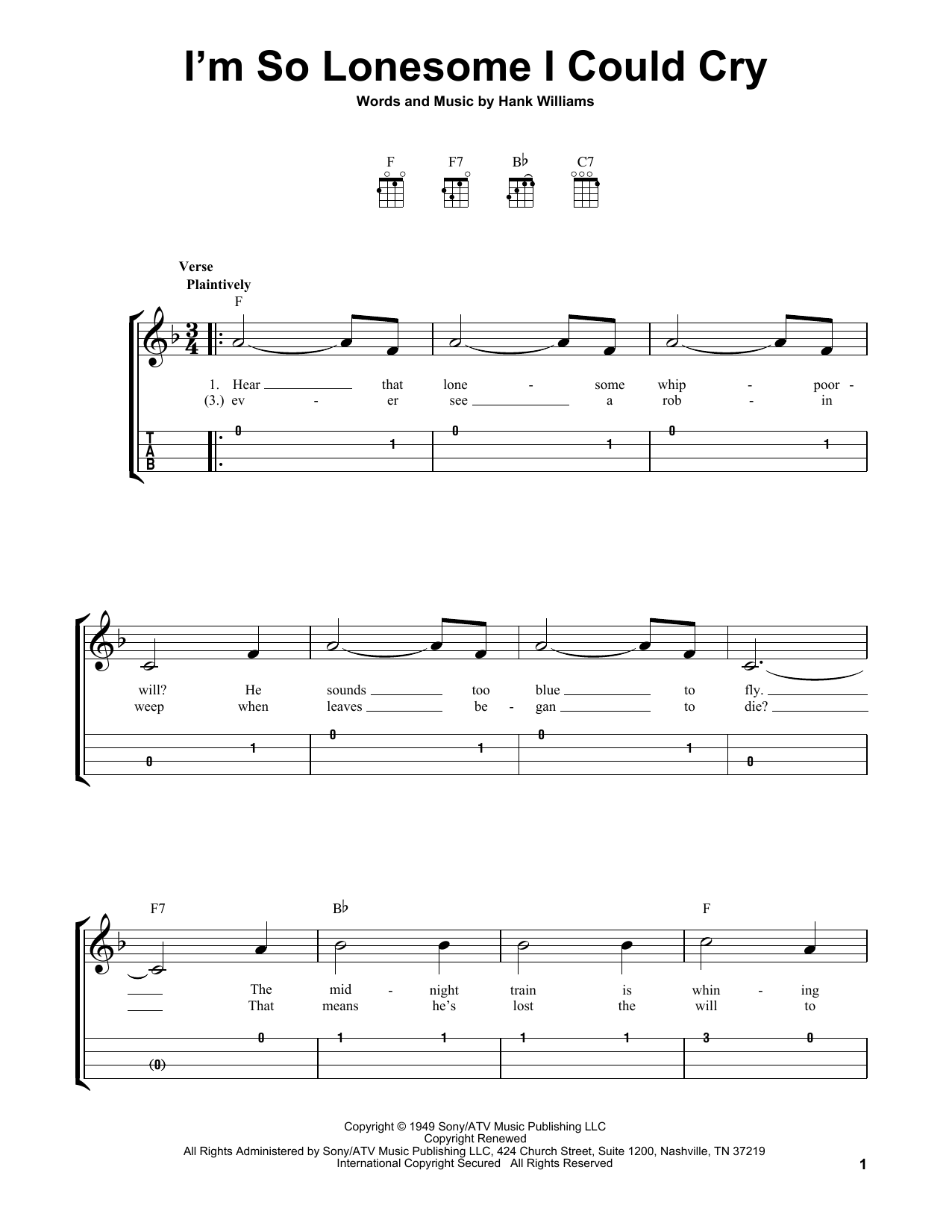 I'm So Lonesome I Could Cry (Easy Ukulele Tab) von Hank Williams