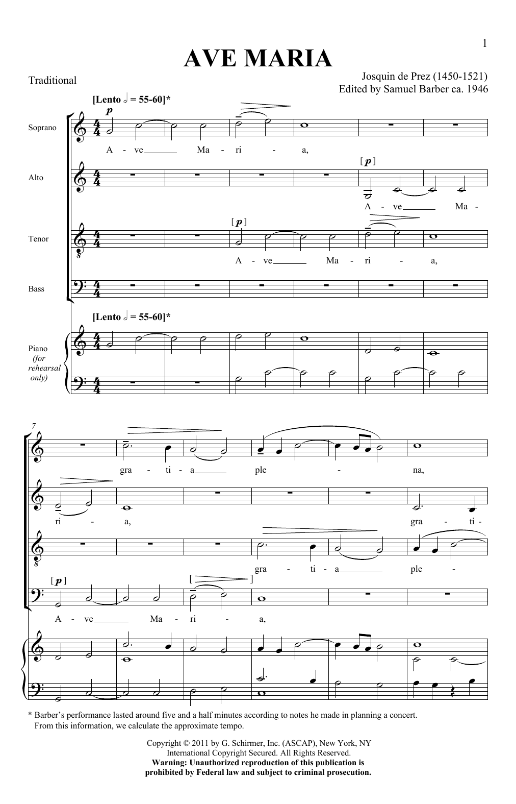 Ave Maria (ed. Samuel Barber) (SATB Choir) von Josquin de Prez