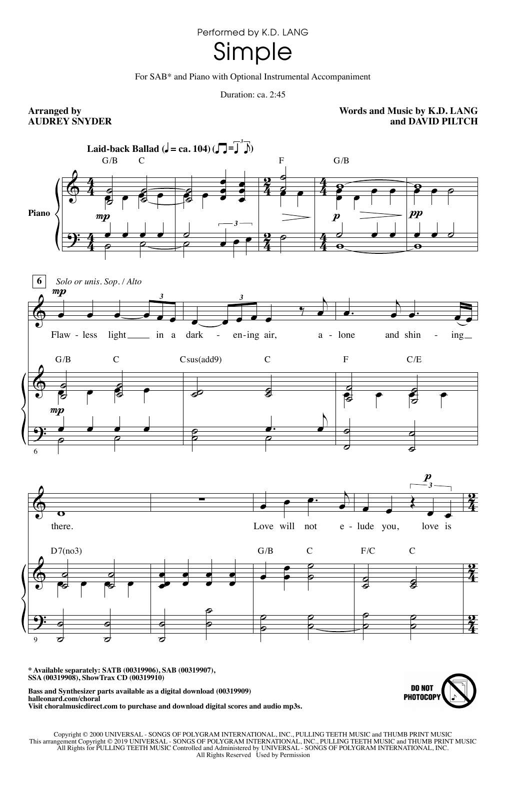 Simple (arr. Audrey Snyder) (SAB Choir) von k.d. lang