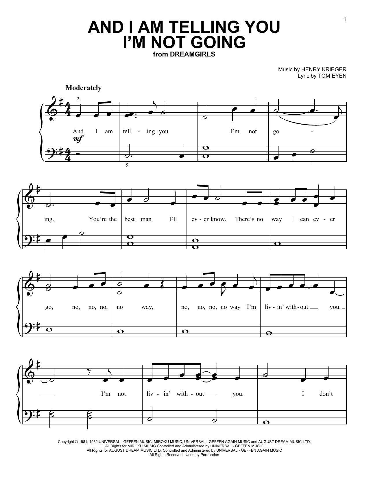 And I Am Telling You I'm Not Going (from the musical Dreamgirls) (Very Easy Piano) von Henry Krieger and Tom Eyen