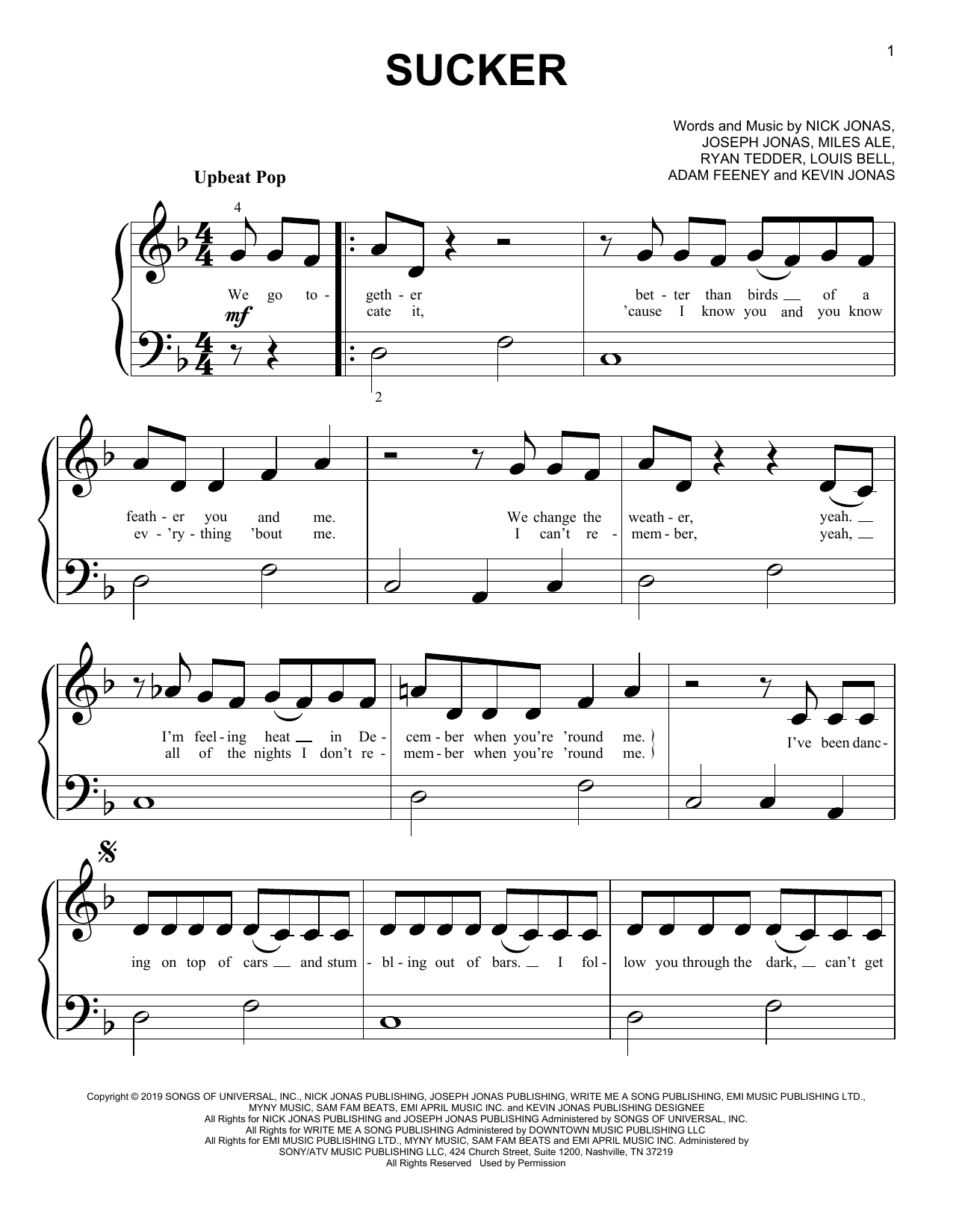 Sucker (Big Note Piano) von Jonas Brothers