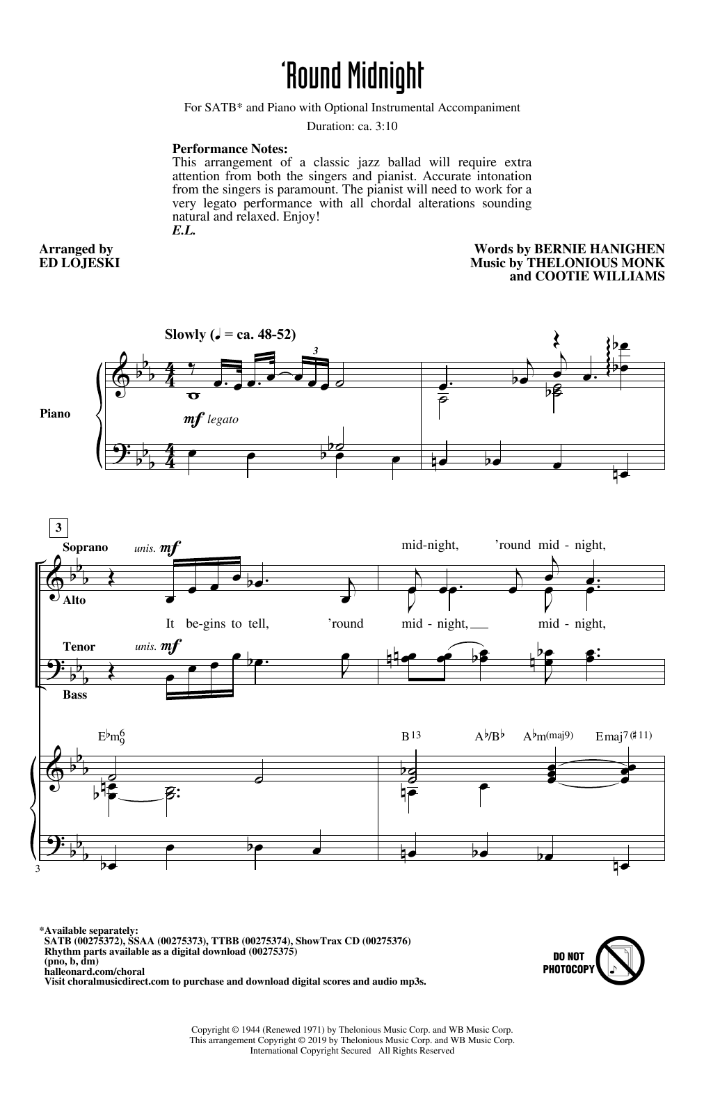 'Round Midnight (arr. Ed Lojeski) (SATB Choir) von Thelonious Monk