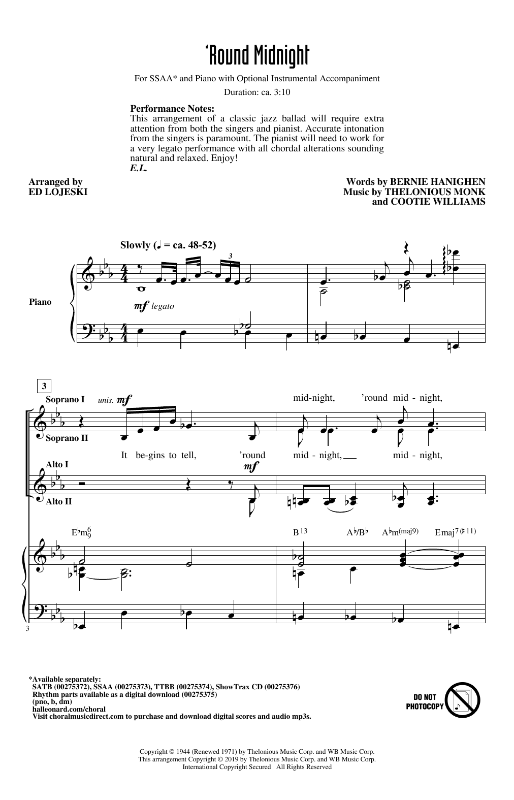 'Round Midnight (arr. Ed Lojeski) (SSA Choir) von Thelonious Monk