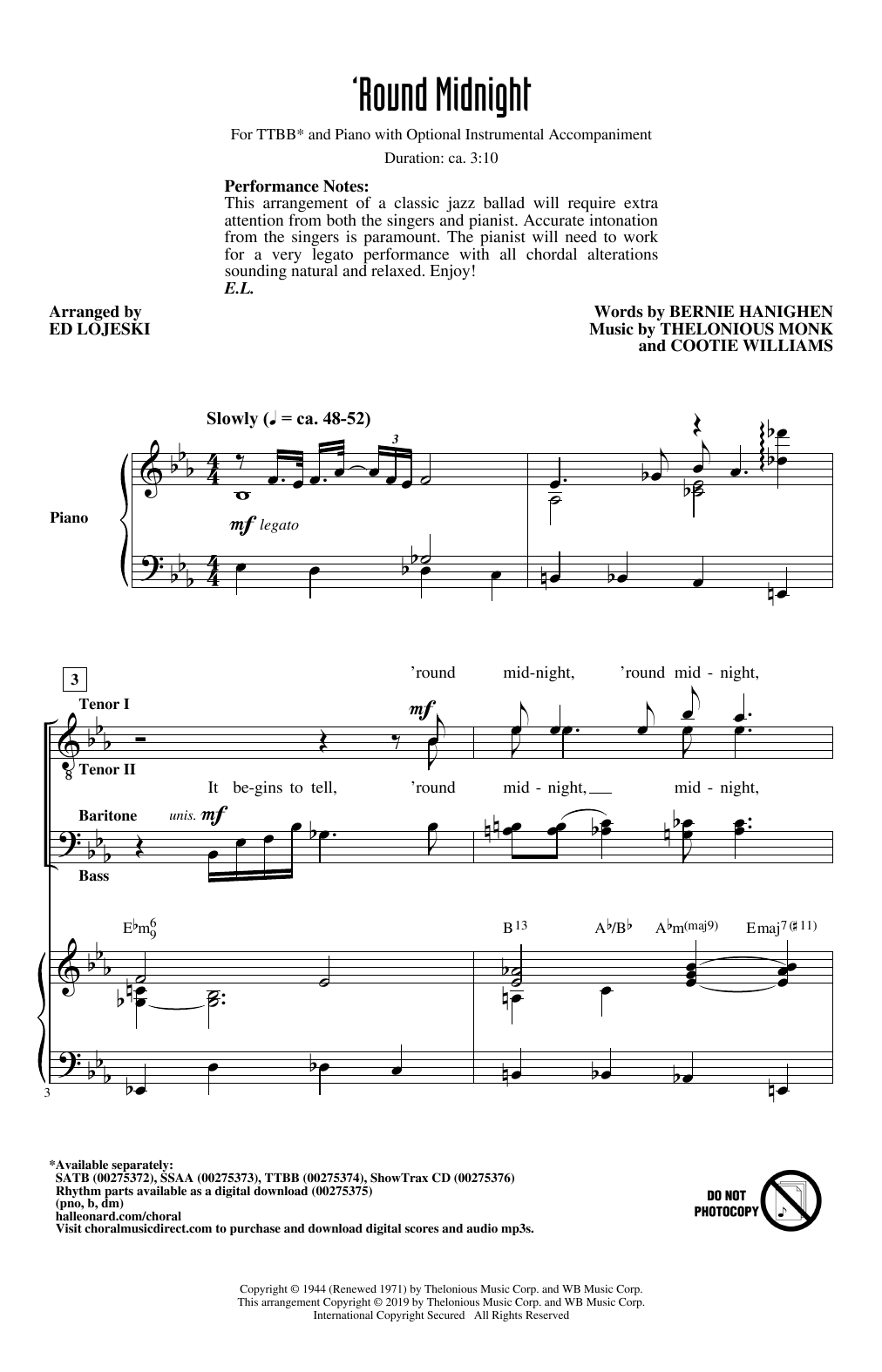 'Round Midnight (arr. Ed Lojeski) (TTBB Choir) von Thelonious Monk