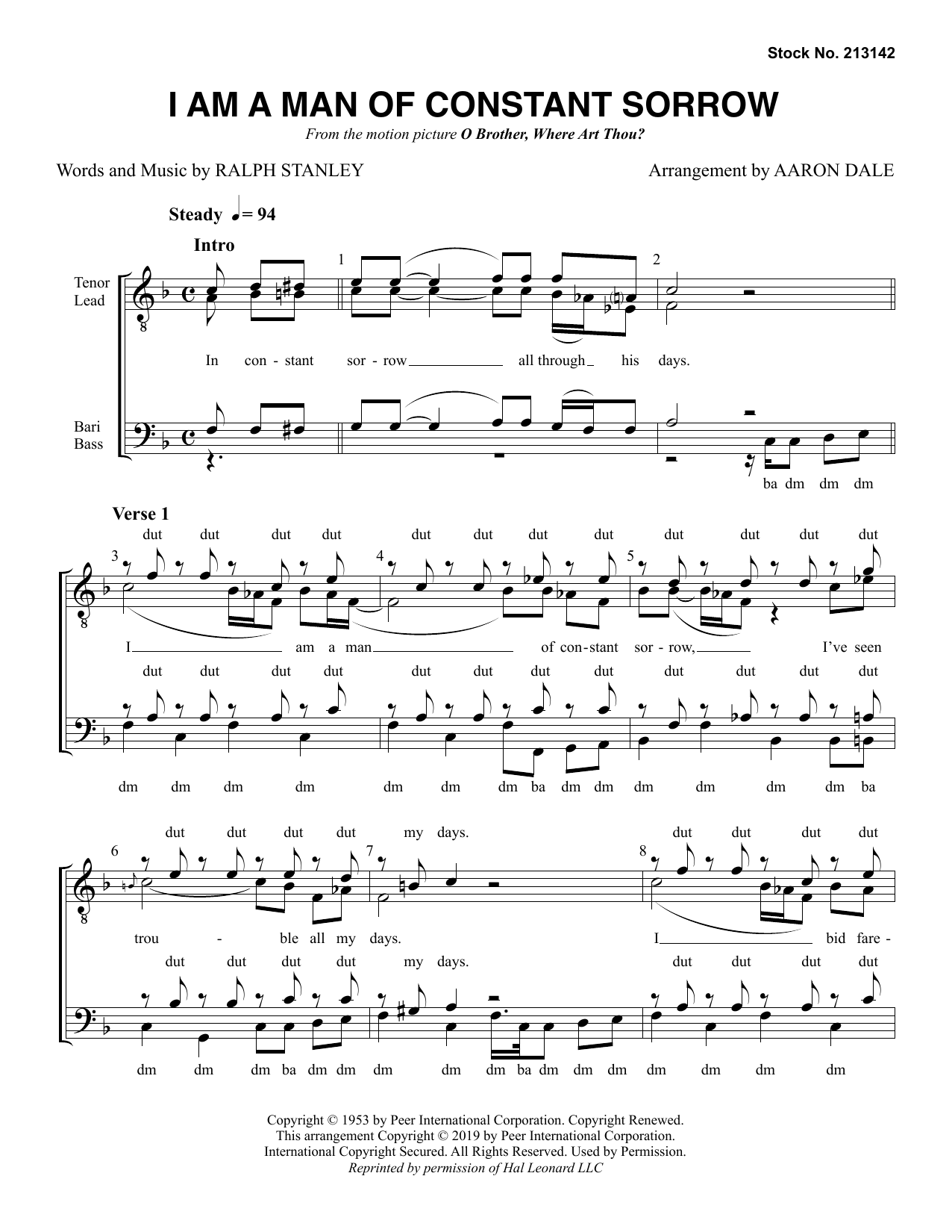 I Am A Man Of Constant Sorrow (arr. Aaron Dale) (TTBB Choir) von Ralph Stanley