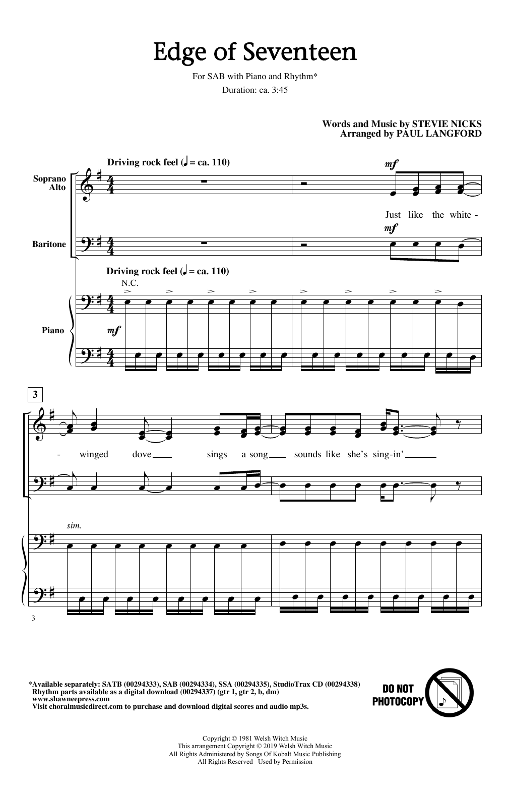 Edge Of Seventeen (arr. Paul Langford) (SAB Choir) von Stevie Nicks