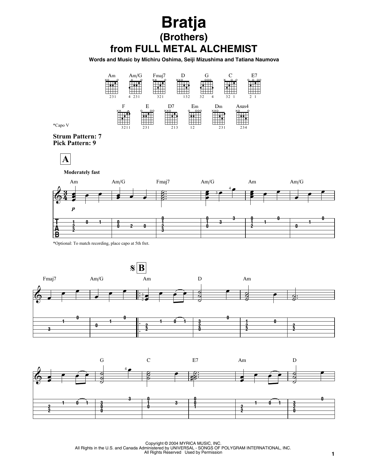 Bratja (Brothers) (from Full Metal Alchemist) (Easy Guitar Tab) von Michiru Oshima, Seiji Mizushima & Tatiana Naumova