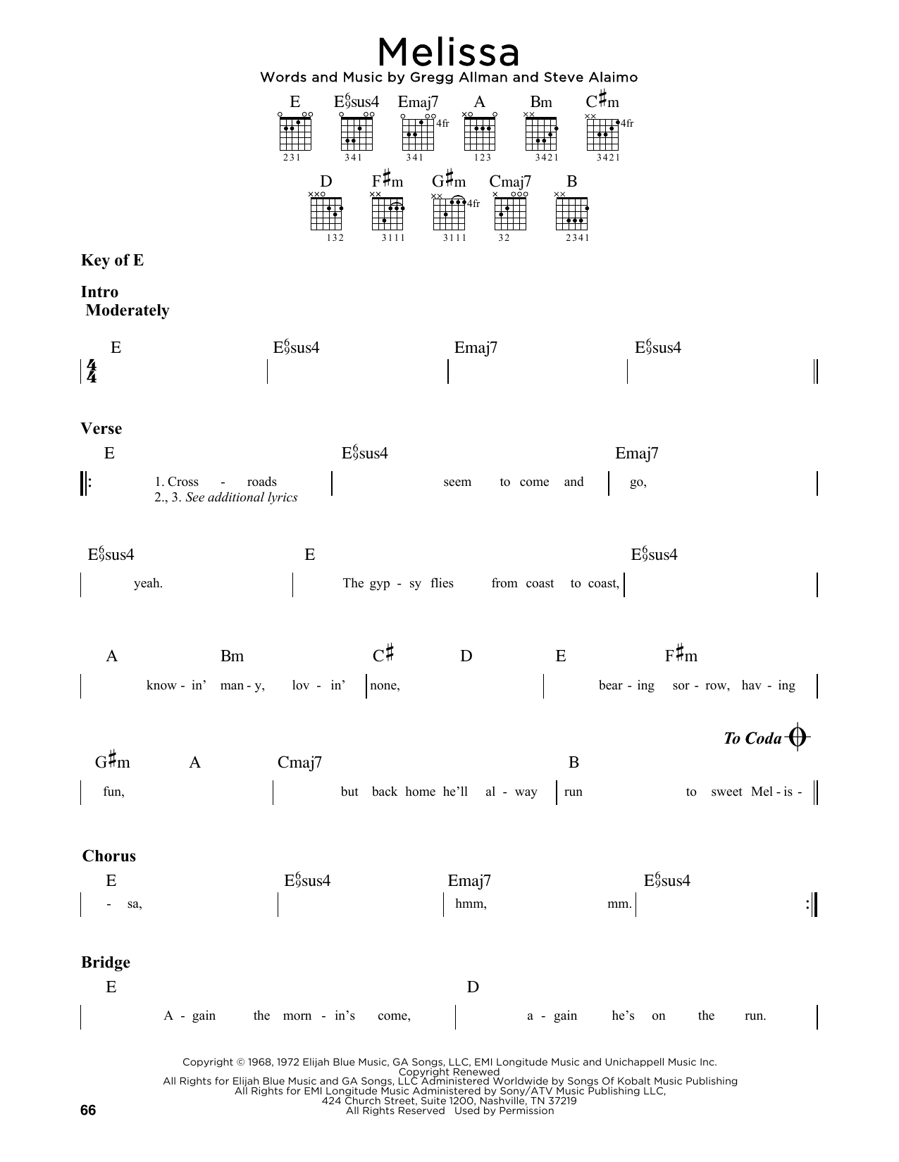 Melissa (Guitar Lead Sheet) von The Allman Brothers Band