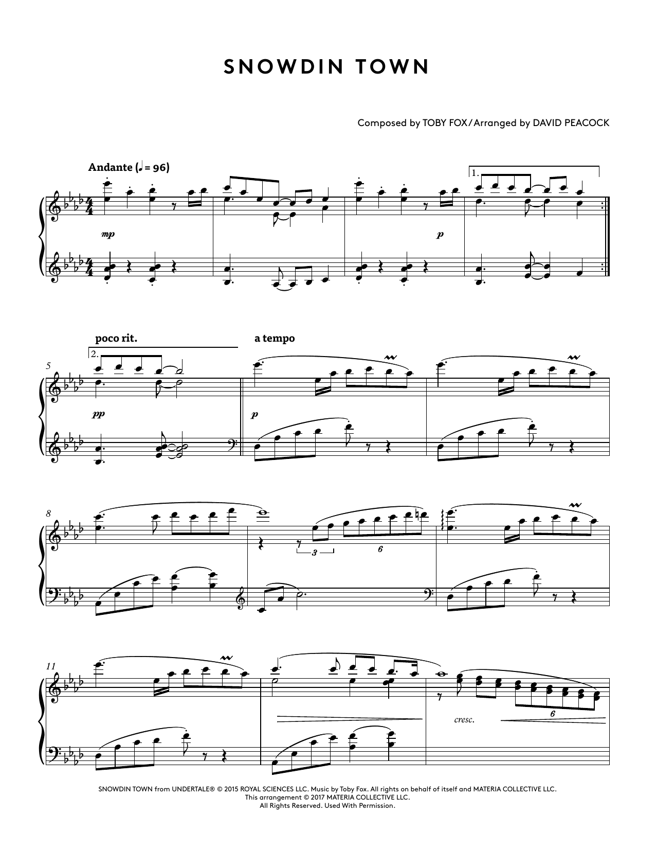 Snowdin Town (from Undertale Piano Collections 2) (arr. David Peacock) (Piano Solo) von Toby Fox