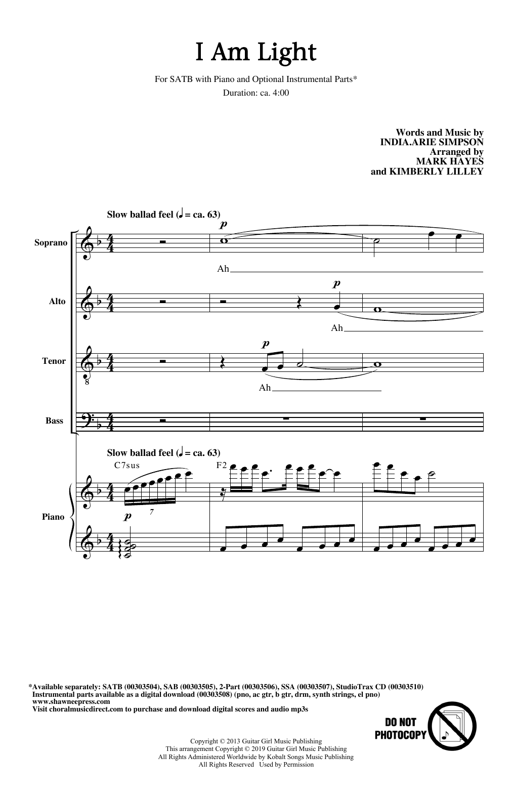 I Am Light (arr. Mark Hayes and Kimberly Lilley) (SATB Choir) von India.Arie