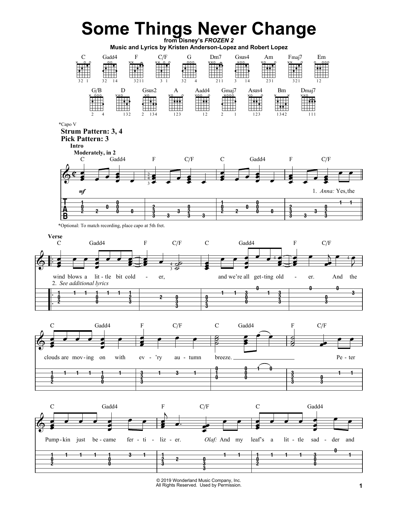 Some Things Never Change (from Disney's Frozen 2) (Easy Guitar Tab) von Kristen Bell, Idina Menzel and Cast of Frozen 2