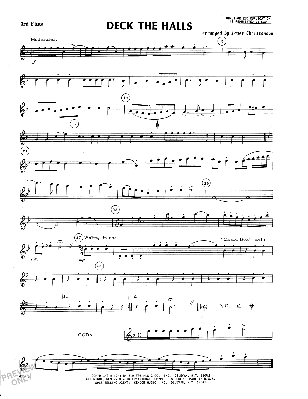 Deck the Halls (Flute Quartet) (arr. James Christensen) - 3rd C Flute (Woodwind Ensemble) von Traditional