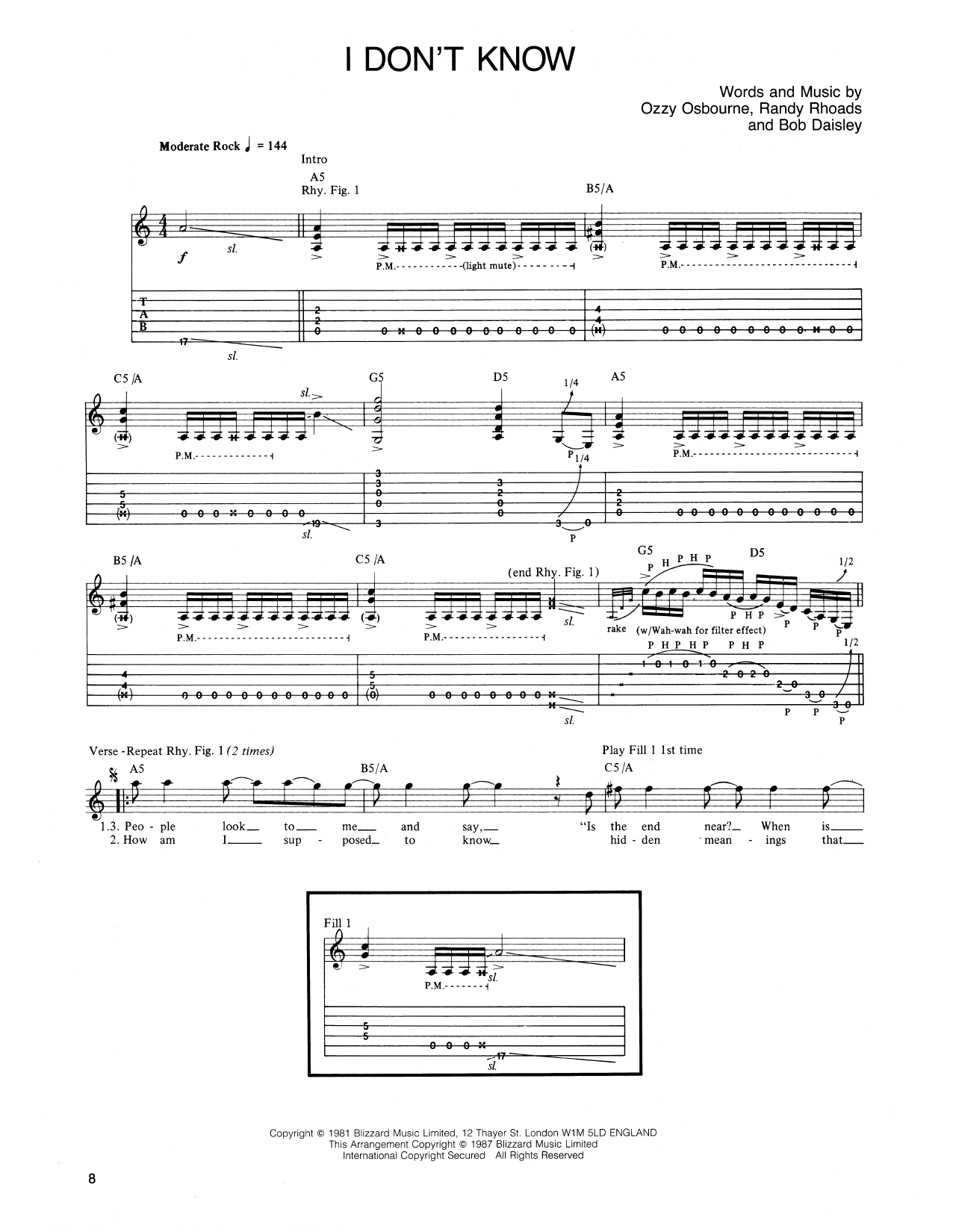 I Don't Know (Guitar Tab) von Ozzy Osbourne