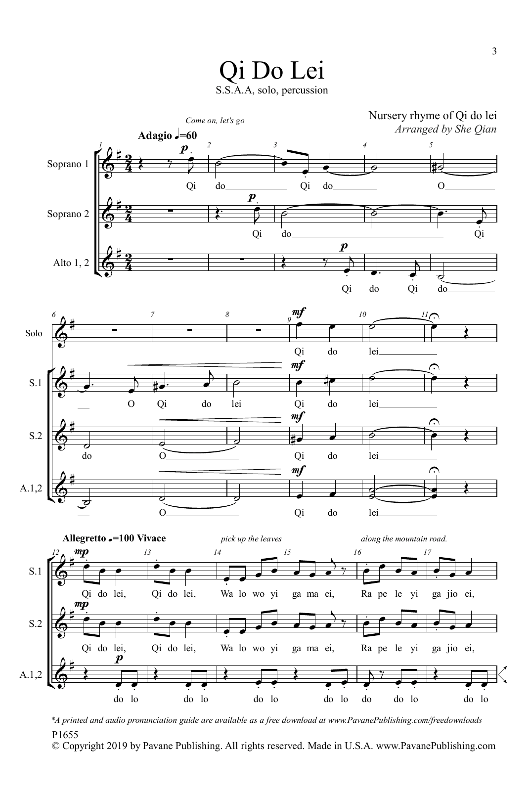 Qi Do Lei (arr. She Qian) (SSA Choir) von Nursery rhyme of Qi do lei